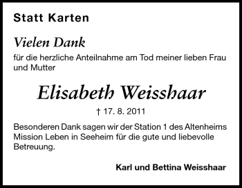 Traueranzeige von Elisabeth Weisshaar von Darmstädter Echo, Odenwälder Echo, Rüsselsheimer Echo, Groß-Gerauer-Echo, Ried Echo