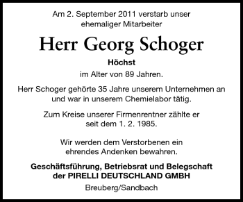 Traueranzeige von Georg Schoger von Odenwälder Echo