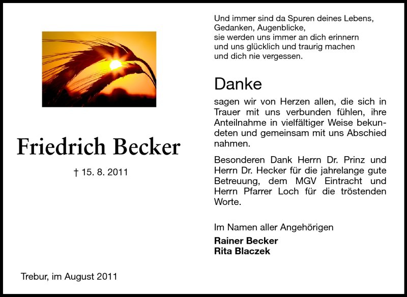  Traueranzeige für Friedrich Becker vom 12.09.2011 aus Rüsselsheimer Echo, Groß-Gerauer-Echo, Ried Echo