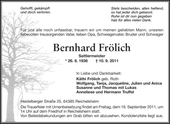 Traueranzeige von Bernhard Frölich von Echo-Zeitungen (Gesamtausgabe)