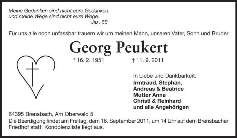  Traueranzeige für Georg Peukert vom 14.09.2011 aus Odenwälder Echo