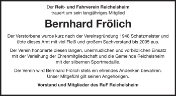 Traueranzeige von Bernhard Frölich von Odenwälder Echo