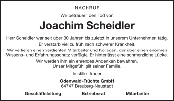 Traueranzeige von Joachim Scheidler von Odenwälder Echo