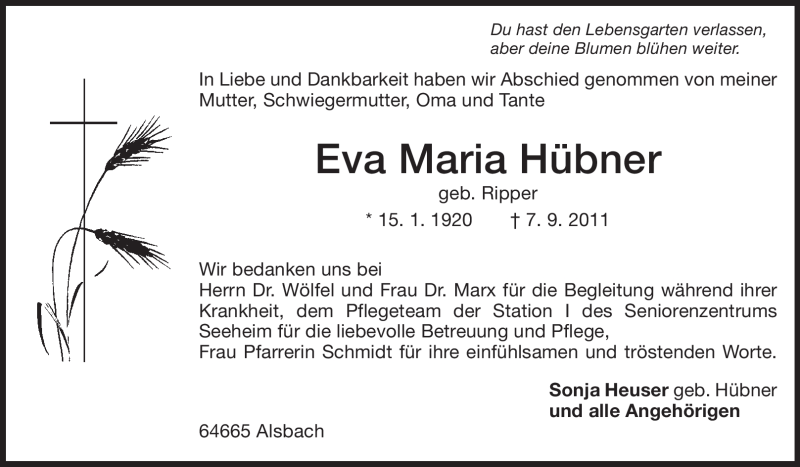  Traueranzeige für Eva Maria Hübner vom 17.09.2011 aus Echo-Zeitungen (Gesamtausgabe)