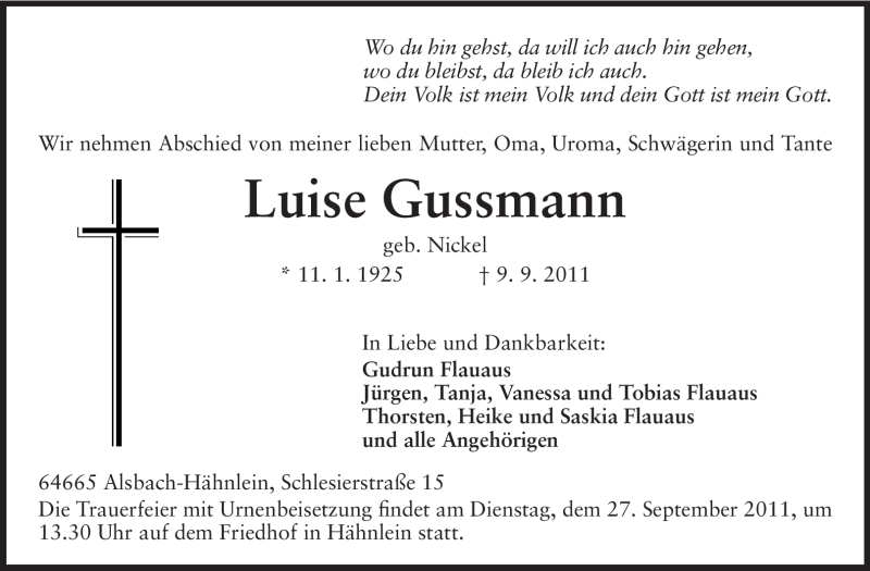  Traueranzeige für Luise Gussmann vom 24.09.2011 aus Echo-Zeitungen (Gesamtausgabe)
