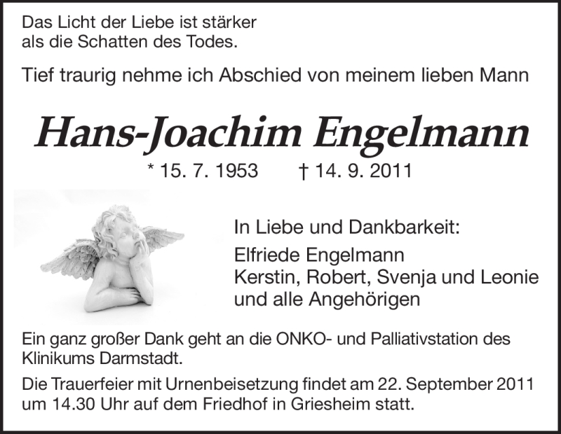  Traueranzeige für Hans-Joachim Engelmann vom 17.09.2011 aus Darmstädter Echo, Odenwälder Echo, Rüsselsheimer Echo, Groß-Gerauer-Echo, Ried Echo