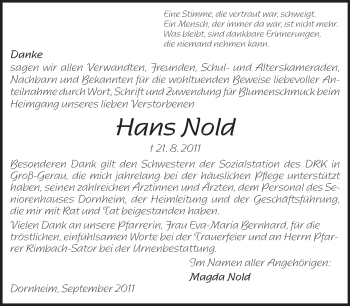 Traueranzeige von Hans Nold von Rüsselsheimer Echo, Groß-Gerauer-Echo, Ried Echo