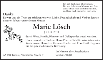 Traueranzeige von Marie Lösch von Rüsselsheimer Echo, Groß-Gerauer-Echo, Ried Echo