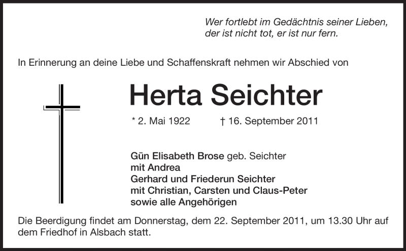  Traueranzeige für Herta Seichter vom 20.09.2011 aus Echo-Zeitungen (Gesamtausgabe)