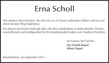 Traueranzeige von Erna Scholl von Odenwälder Echo