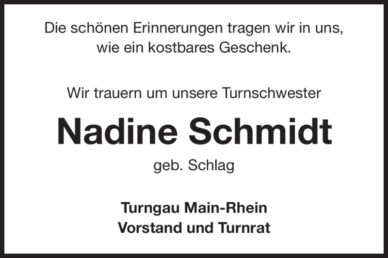  Traueranzeige für Nadine Schmidt vom 24.09.2011 aus Echo-Zeitungen (Gesamtausgabe)