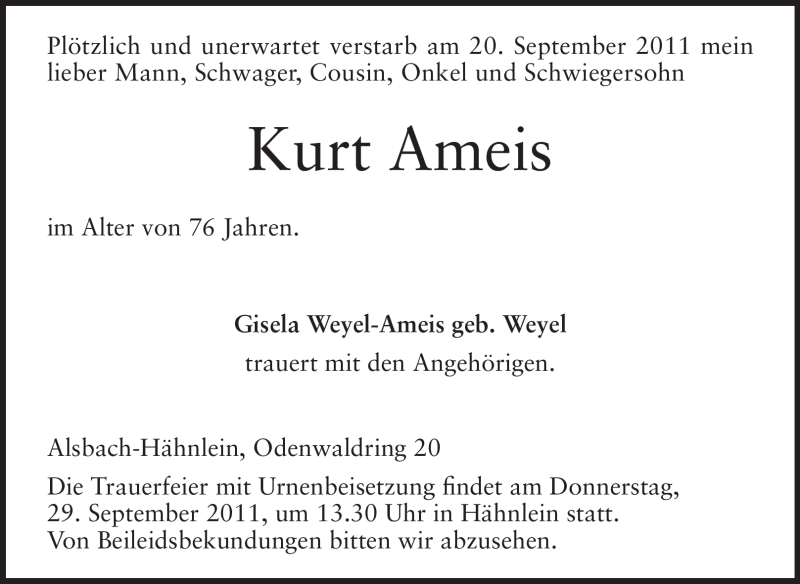  Traueranzeige für Kurt Ameis vom 26.09.2011 aus Echo-Zeitungen (Gesamtausgabe)
