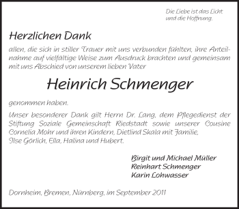 Traueranzeige von Heinrich Schmenger von Rüsselsheimer Echo, Groß-Gerauer-Echo, Ried Echo