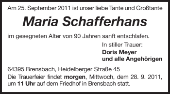 Traueranzeige von Maria Schafferhans von Odenwälder Echo