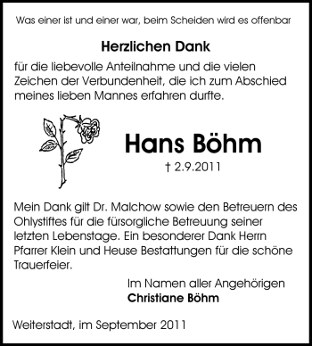 Traueranzeige von Hans Böhm von Echo-Zeitungen (Gesamtausgabe)