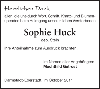 Traueranzeige von Sophia Huck von Echo-Zeitungen (Gesamtausgabe)
