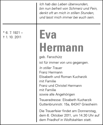 Traueranzeige von Eva Hermann von Rüsselsheimer Echo, Groß-Gerauer-Echo, Ried Echo