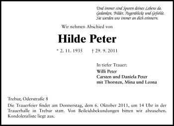 Traueranzeige von Hilde Peter von Rüsselsheimer Echo, Groß-Gerauer-Echo, Ried Echo
