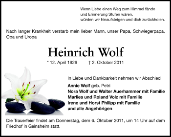 Traueranzeige von Heinrich Wolf von Rüsselsheimer Echo, Groß-Gerauer-Echo, Ried Echo