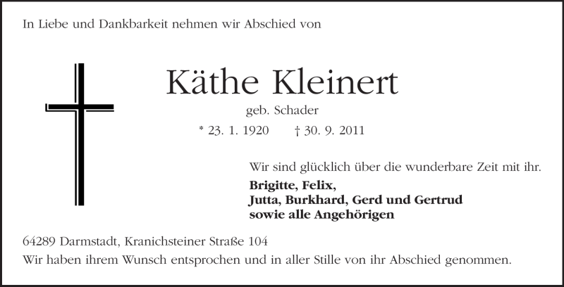  Traueranzeige für Käthe Kleinert vom 22.10.2011 aus Echo-Zeitungen (Gesamtausgabe)