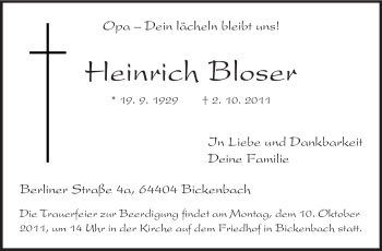 Traueranzeige von Heinrich Bloser von Echo-Zeitungen (Gesamtausgabe)