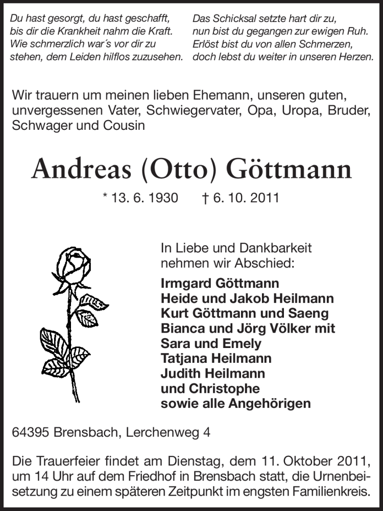  Traueranzeige für Andreas (Otto) Göttmann vom 08.10.2011 aus Echo-Zeitungen (Gesamtausgabe)
