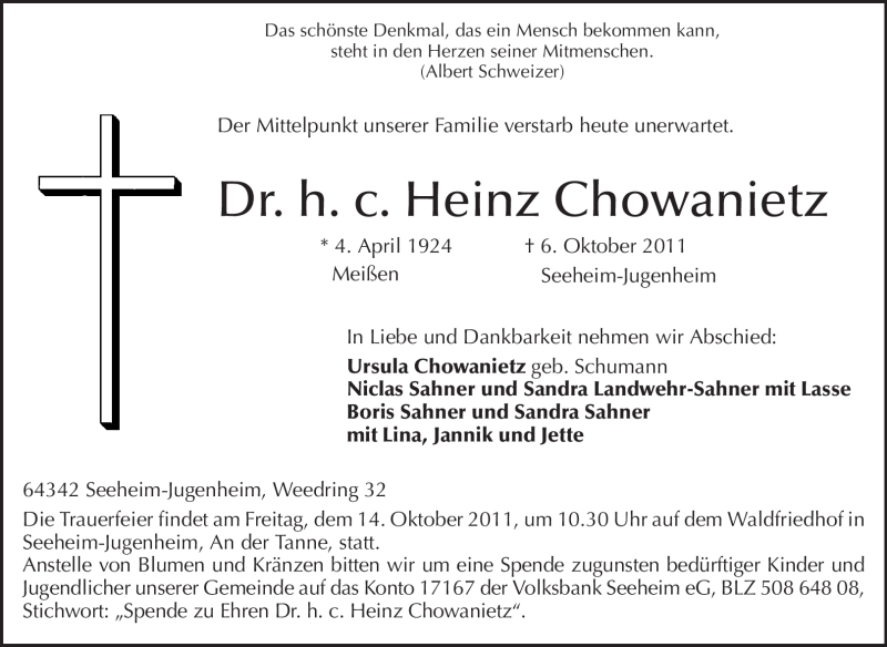  Traueranzeige für Heinz Chowanietz vom 10.10.2011 aus Echo-Zeitungen (Gesamtausgabe)