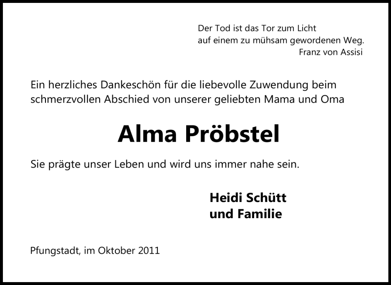  Traueranzeige für Alma Pröbstel vom 12.10.2011 aus Echo-Zeitungen (Gesamtausgabe)
