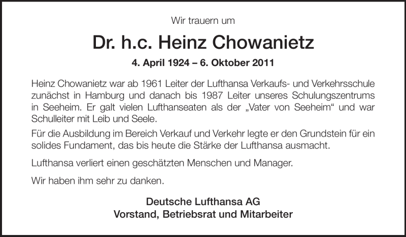 Traueranzeige für Heinz Chowanietz vom 14.10.2011 aus Echo-Zeitungen (Gesamtausgabe)
