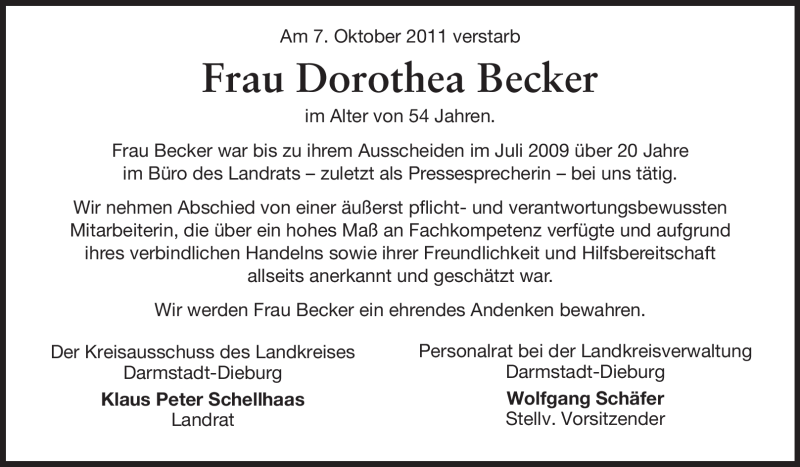  Traueranzeige für Dorothea Becker vom 12.10.2011 aus Echo-Zeitungen (Gesamtausgabe)