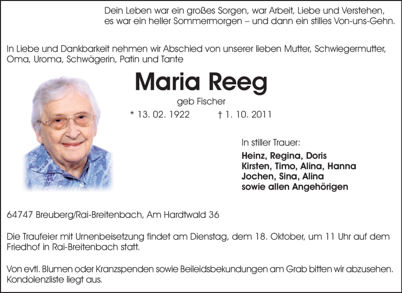  Traueranzeige für Maria Reeg vom 15.10.2011 aus Odenwälder Echo