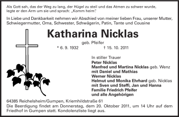 Traueranzeige von Katharina Nicklas von Odenwälder Echo
