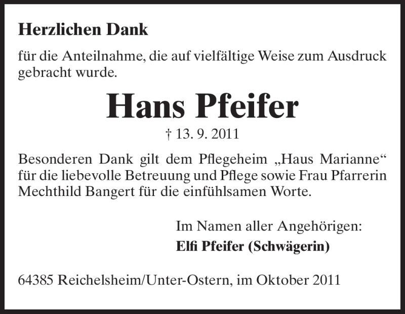  Traueranzeige für Hans Pfeifer vom 22.10.2011 aus Odenwälder Echo