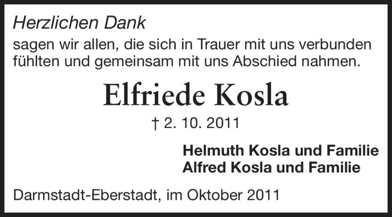  Traueranzeige für Elfriede Kosla vom 22.10.2011 aus Echo-Zeitungen (Gesamtausgabe)