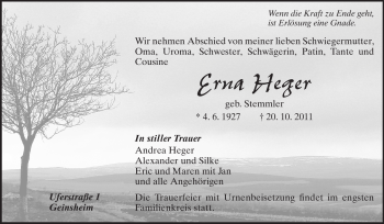 Traueranzeige von Erna Heger von Rüsselsheimer Echo, Groß-Gerauer-Echo, Ried Echo