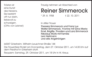 Traueranzeige von Reiner Simmerock von Darmstädter Echo, Odenwälder Echo, Rüsselsheimer Echo, Groß-Gerauer-Echo, Ried Echo