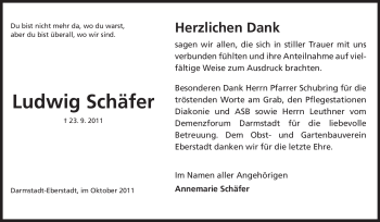 Traueranzeige von Ludwig Schäfer von Echo-Zeitungen (Gesamtausgabe)