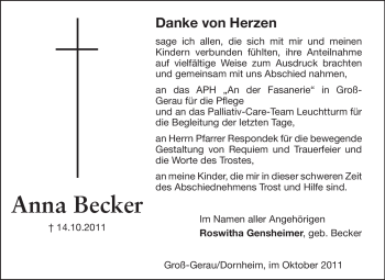 Traueranzeige von Anna Becker von Rüsselsheimer Echo, Groß-Gerauer-Echo, Ried Echo