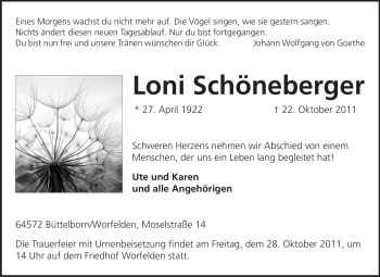Traueranzeige von Loni Schöneberger von Rüsselsheimer Echo, Groß-Gerauer-Echo, Ried Echo