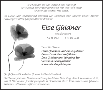 Traueranzeige von Else Güldner von Rüsselsheimer Echo, Groß-Gerauer-Echo, Ried Echo
