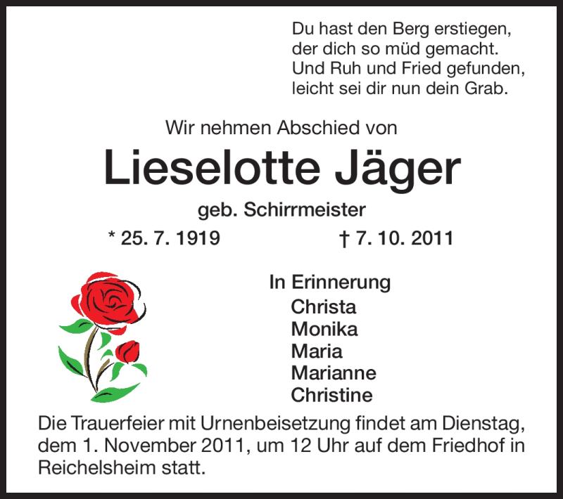  Traueranzeige für Lieselotte Jäger vom 29.10.2011 aus Odenwälder Echo