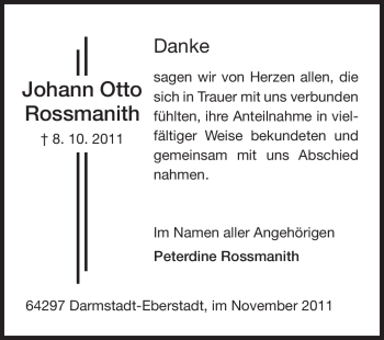 Traueranzeige von Johann Otto Rossmanith von Echo-Zeitungen (Gesamtausgabe)