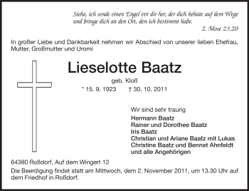 Traueranzeige von Lieselotte Baatz von Echo-Zeitungen (Gesamtausgabe)