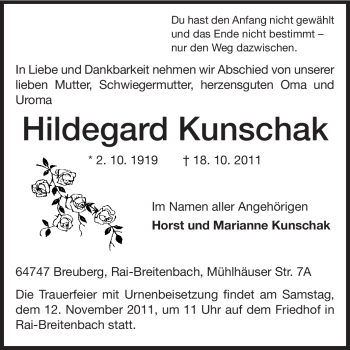 Traueranzeige von Hildegard Kunschak von Odenwälder Echo