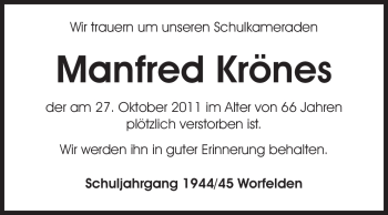 Traueranzeige von Manfred Krönes von Rüsselsheimer Echo, Groß-Gerauer-Echo, Ried Echo