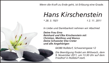 Traueranzeige von Hans Kirschenstein von Darmstädter Echo, Odenwälder Echo, Rüsselsheimer Echo, Groß-Gerauer-Echo, Ried Echo
