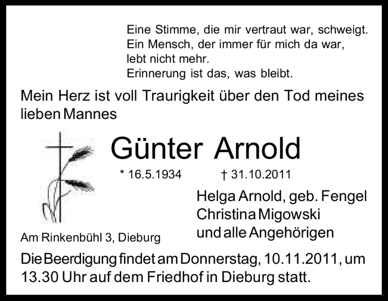 Traueranzeige für Günter Arnold vom 05.11.2011 aus Echo-Zeitungen (Gesamtausgabe)