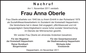 Traueranzeige von Anna Oberle von Starkenburger Echo