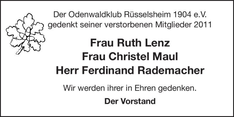  Traueranzeige für Mitglieder Odenwaldklub Rüsselsheim  vom 19.11.2011 aus Rüsselsheimer Echo, Groß-Gerauer-Echo, Ried Echo