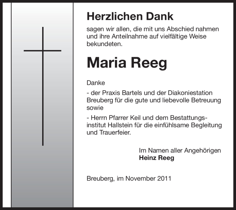  Traueranzeige für Maria Reeg vom 12.11.2011 aus Odenwälder Echo